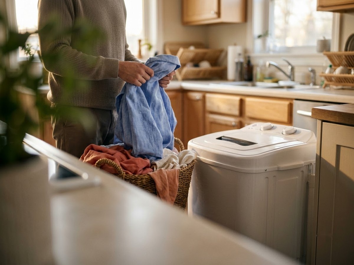 Compact white portable washer in a small apartment kitchen beside a laundry basket, a person holding a folded shirt