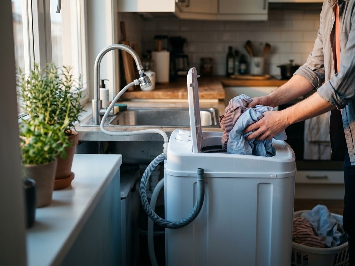 Compact white portable washer beside a kitchen sink in a small apartment, inlet hose clipped to the faucet