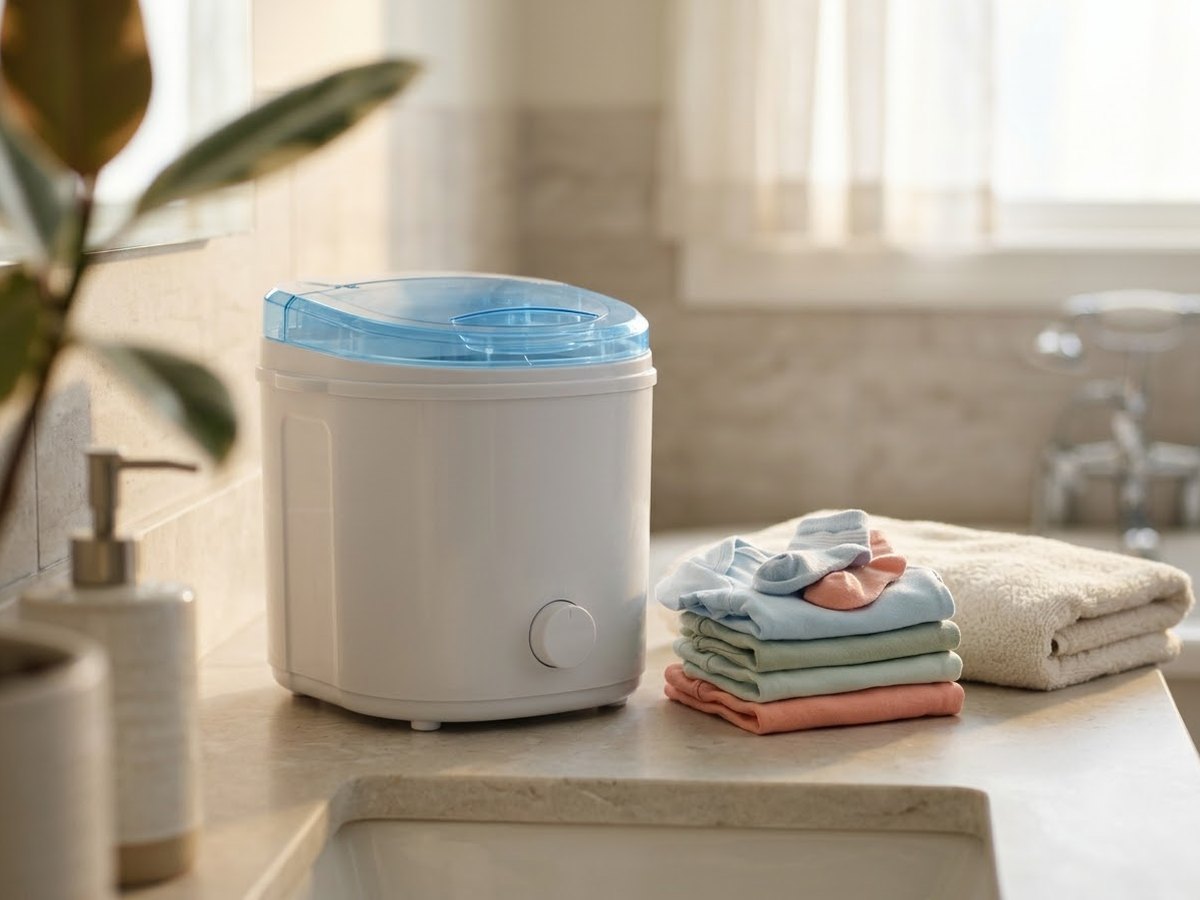 Small mini washer on a bathroom counter next to a stack of folded pastel baby clothes and tiny socks