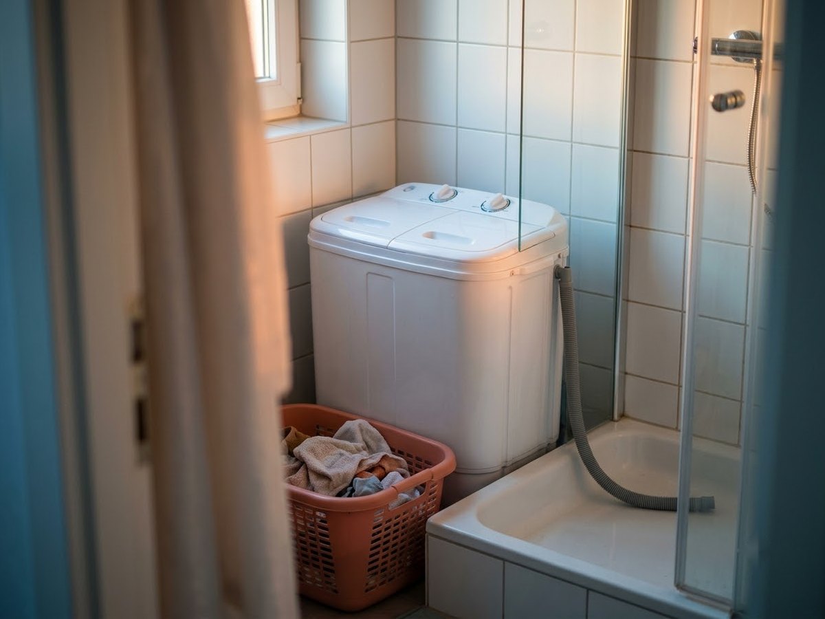 Small twin tub washer in a compact bathroom corner, drain tube resting in the shower tray
