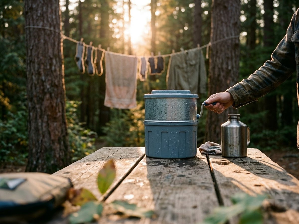 Hand-crank drum washer on a picnic table at a forest campsite, clothes drying on a line between trees