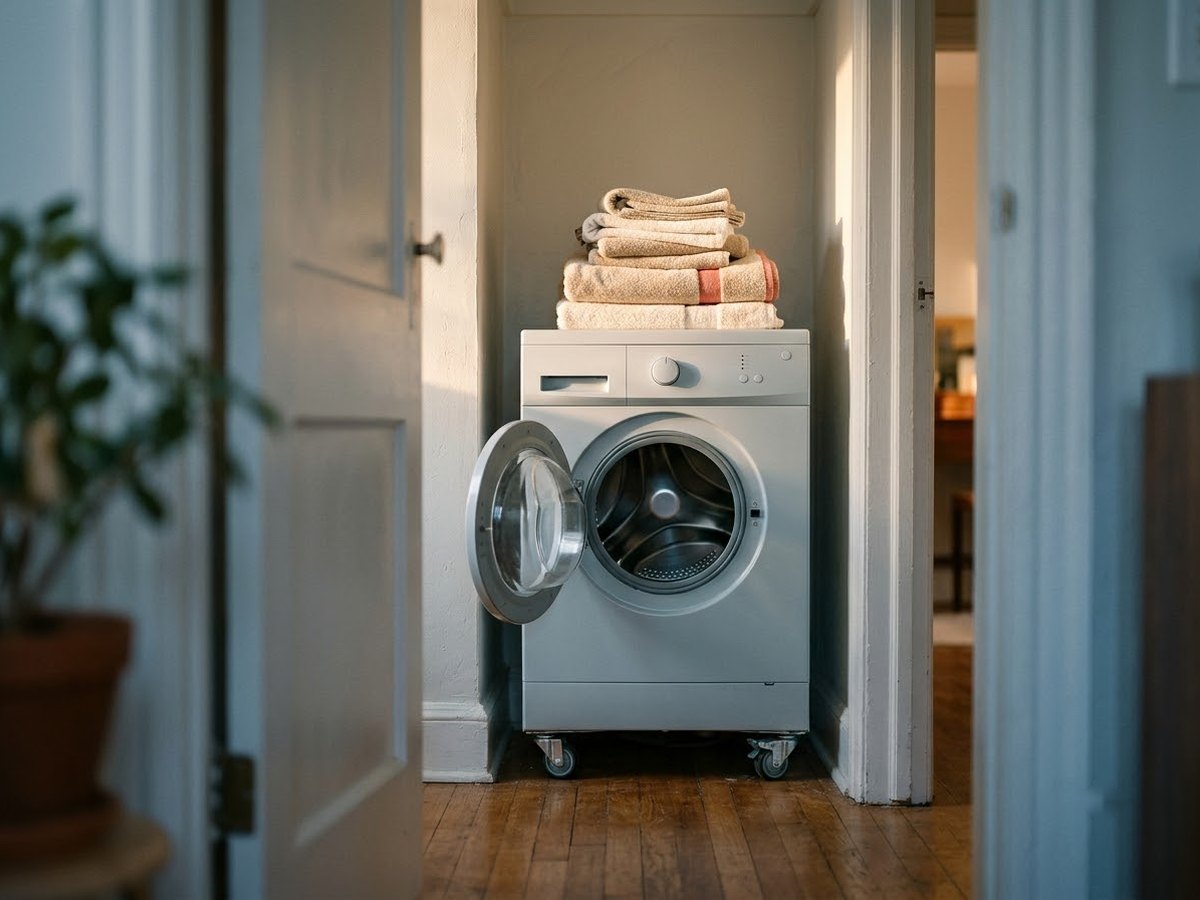 Compact front-loading washer-dryer on casters in a small apartment, a folded stack of dry towels on top