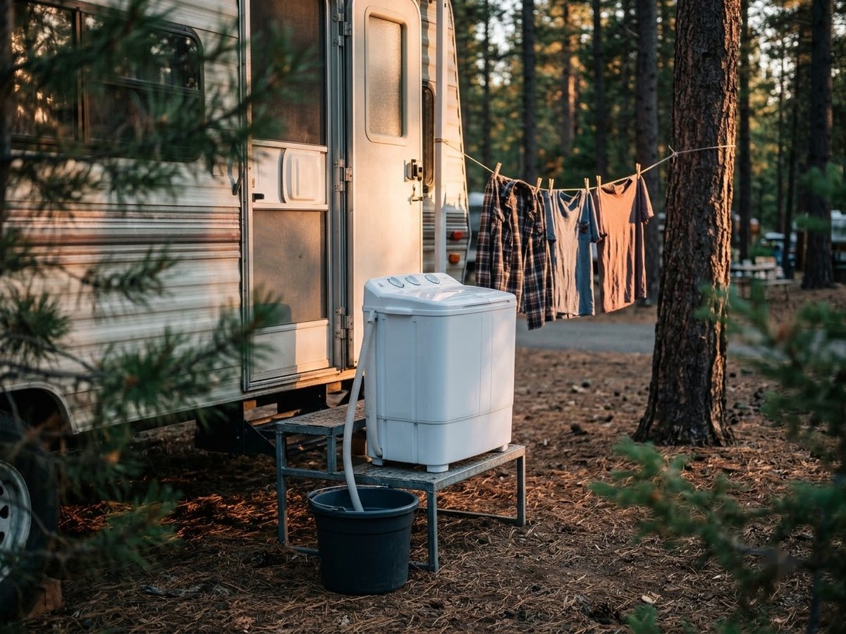 Small twin tub washer set on the step of a travel trailer at a campground, drain hose running into a bucket