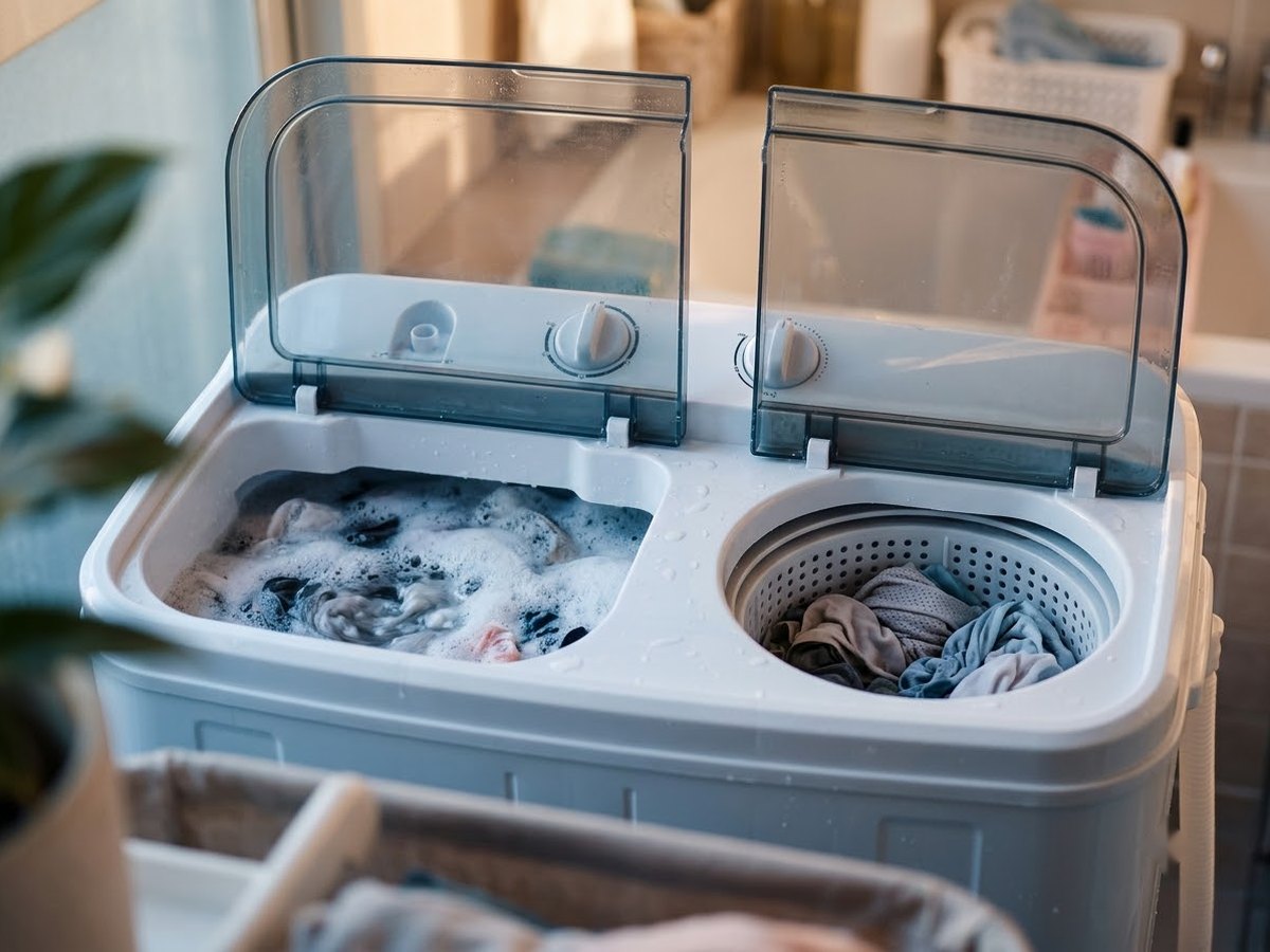 Twin tub portable washer with both lids open, clothes in the wash tub and a spin basket on the right